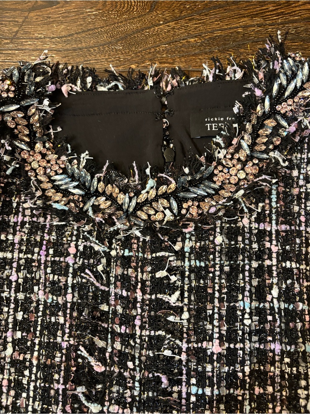 Rickie Freeman Teri Jon Tweed Dress Womens 16 Black NWT Crystal Fringe Pockets - Picture 6 of 13